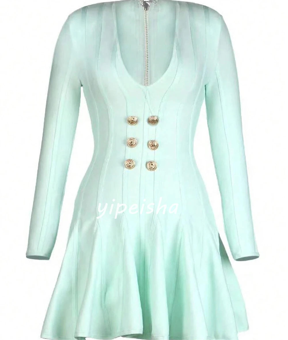 Customized Jersey Sequined Ruched Beach A-line V-neck Bespoke Occasion Gown Mini Dresses