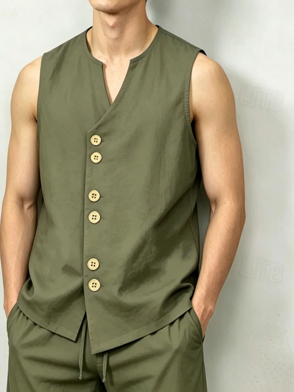 Men's Linen-Look V-Neck Button Sleeveless Top & Drawstring Shorts 2-Piece Set, Breathable Casual Summer Vacation Outfit
