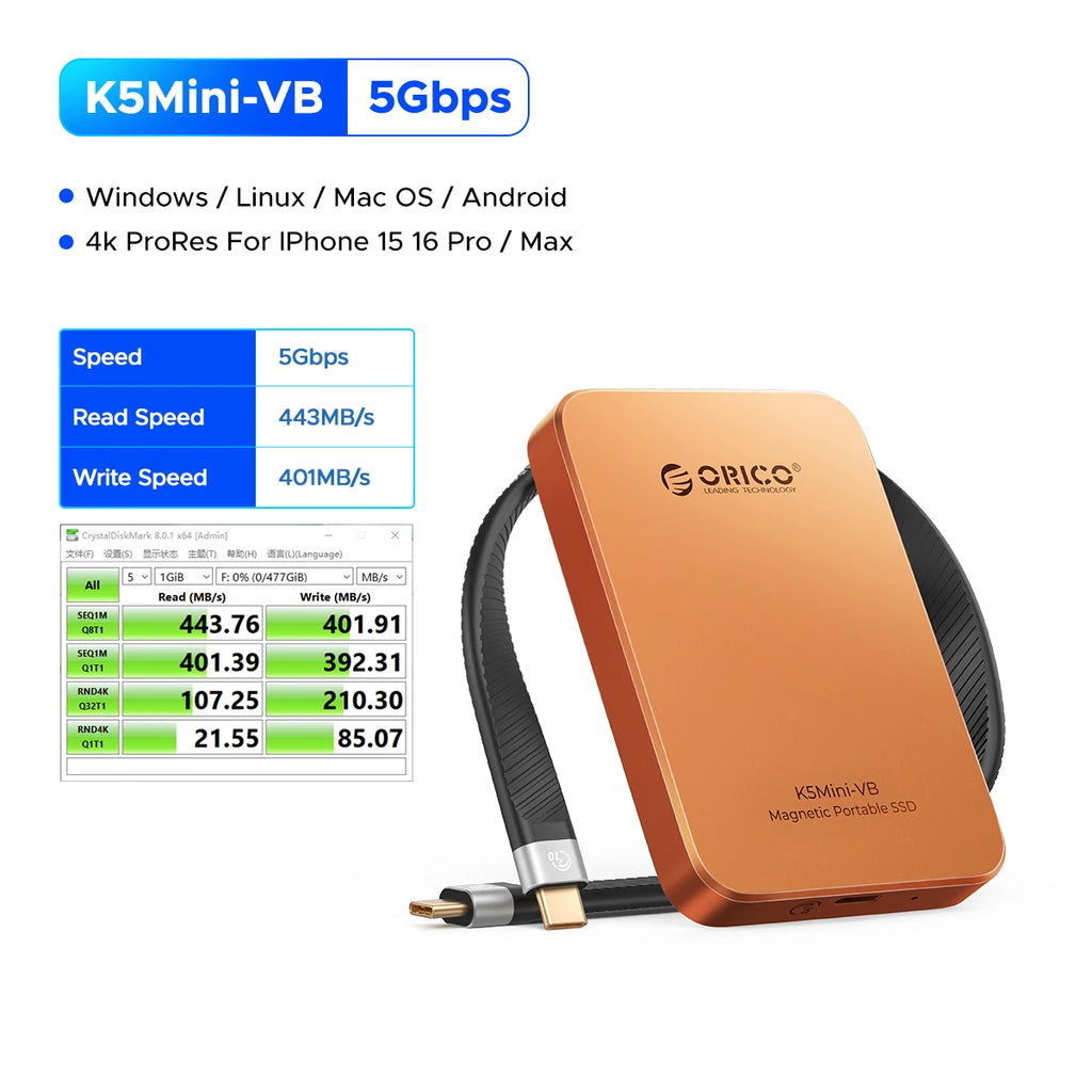 ORICO 460MB/S Portable SSD USB3.2 PSSD 480GB External SSD for iPhone 17 16Pro/Max ProRes 4K ProRes K5MINI-VB