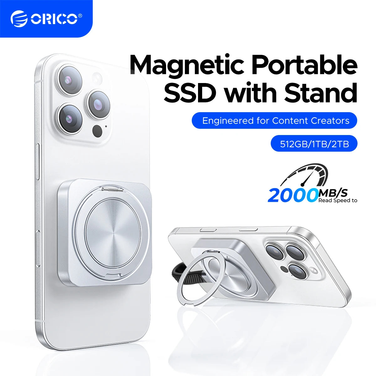 ORICO Magnetic External SSD for iPhone 16 15 Pro/Max ProRes 2000MB/s 4K ProRes HDR Record and Store with 360 Stand