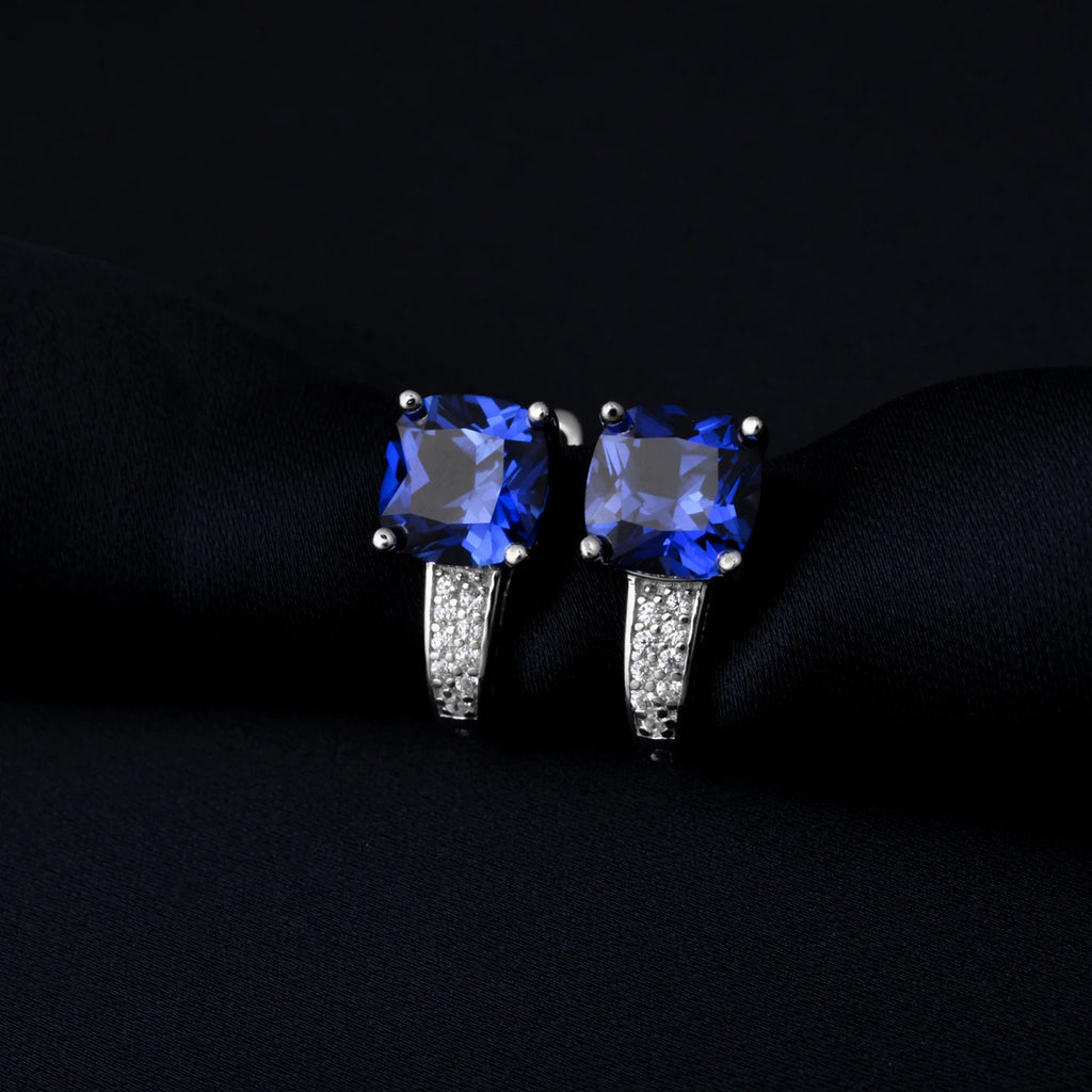 Potiy Cushion Created Sapphire Nano Emerald Tanzanite  Hoop Earrings 925 Sterling Silver for Women Daily Party Jewelry sets gift