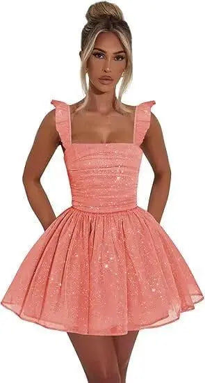 Sexy Tulle Homecoming Dress 2026 with Flutter Straps Square Neck A-Line Short Prom Dress Sparkly for Teens Graduation Mini Dress