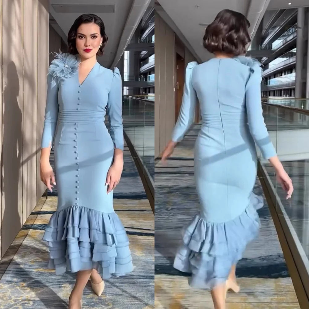 Customized Jersey Button Applique Mermaid V-neck Midi Dresses Bespoke Occasion Evening Fashion Elegant Formal
