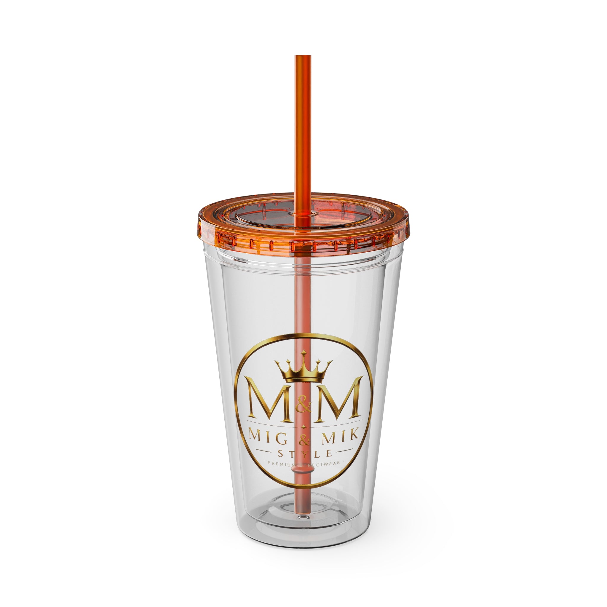 16oz Clear Tumbler with Straw — Gold Monogram 'MM' Crown Logo
