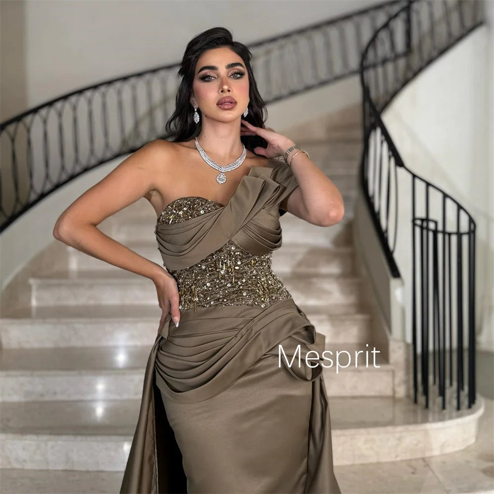 Customized Fashion Charmeuse Pleat Sequined Column One-shoulder Long Dresses Bespoke Occasion Dresses Sizes Available