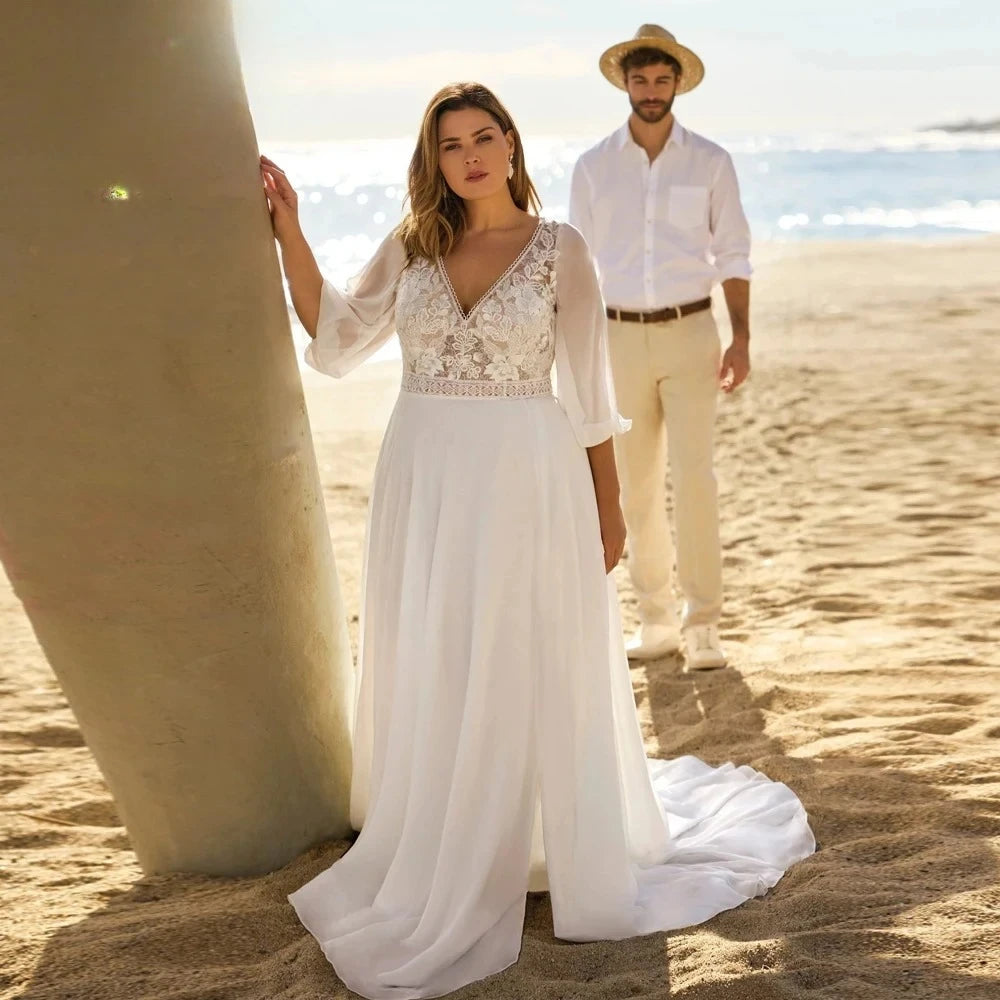 Wedding Dresses Plus Size Customized 3/4 Sleeve Bride Gown with Lace Applique A-Line Sweep Train فستان حفلات