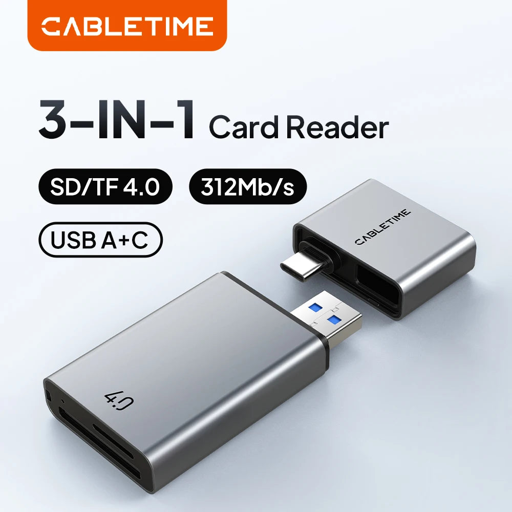CABLETIME 3 IN 1 Card Reader USB 4.0 5Gbps USB A & USB C 312MB/s Aluminum Alloy SD/TF Cards Portable for iPhone iPad