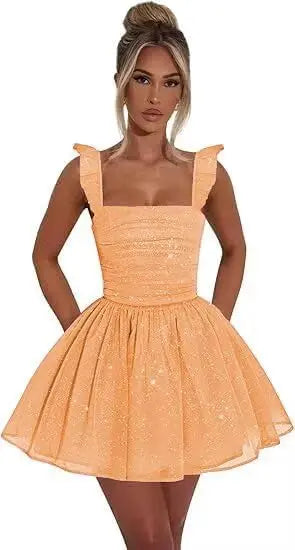 Sexy Tulle Homecoming Dress 2026 with Flutter Straps Square Neck A-Line Short Prom Dress Sparkly for Teens Graduation Mini Dress