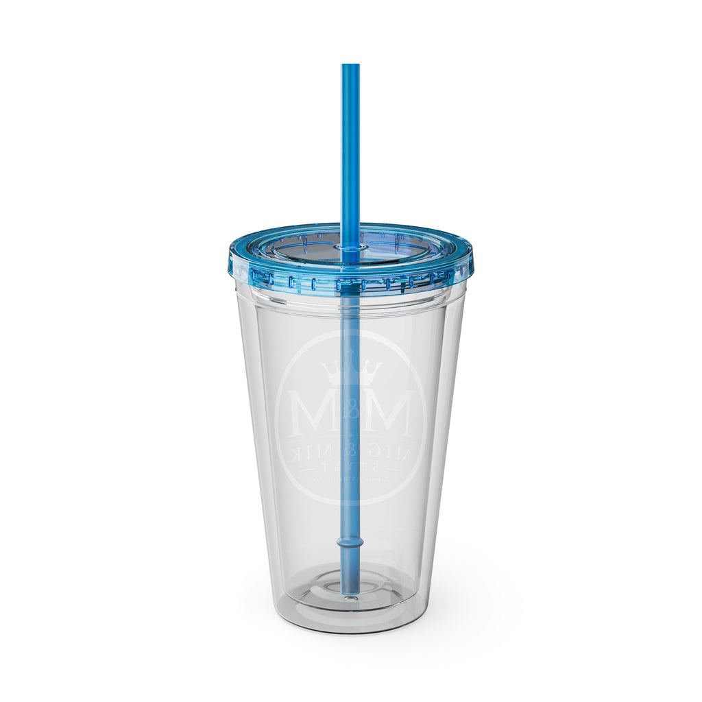 16oz Clear Tumbler with Straw — Gold Monogram 'MM' Crown Logo