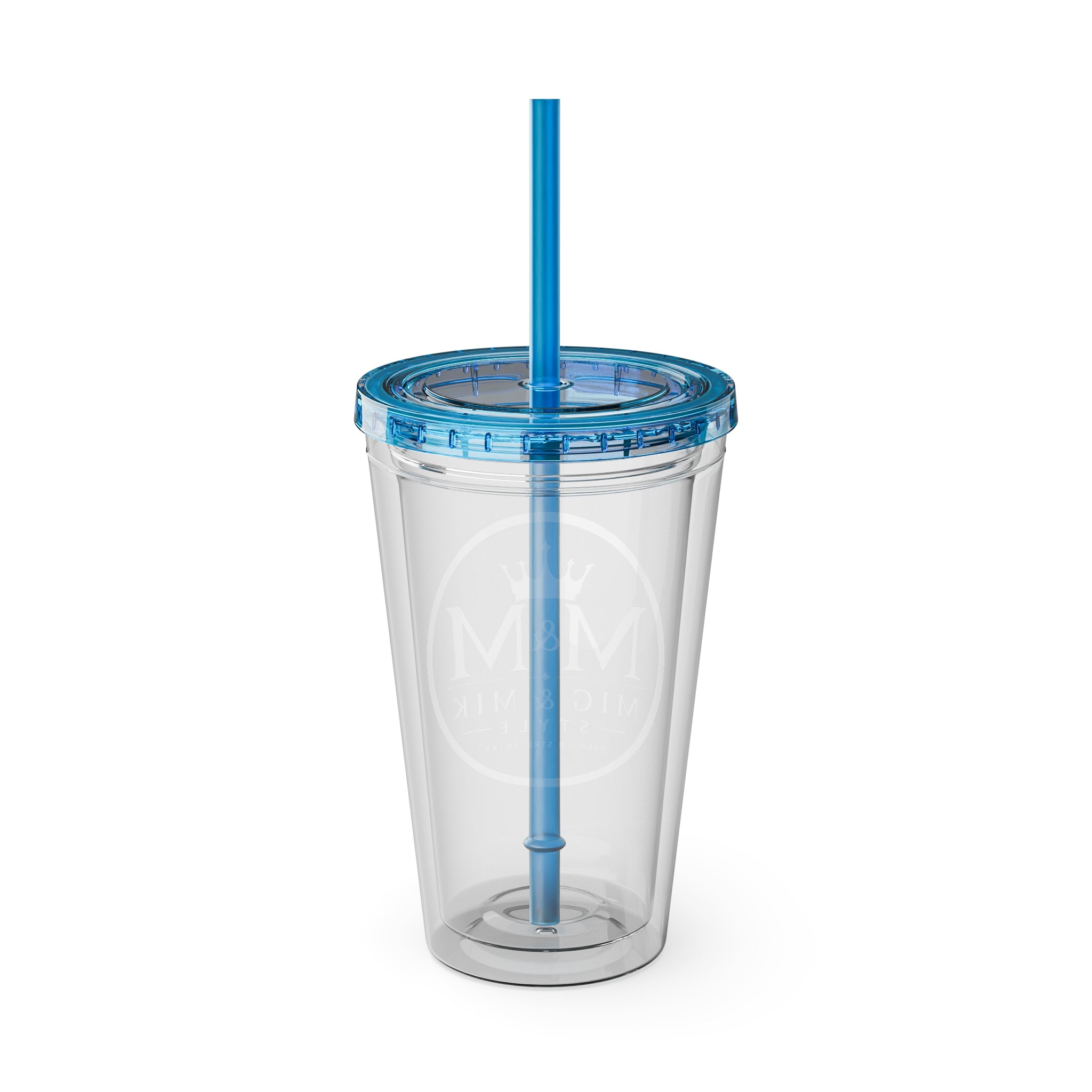 16oz Clear Tumbler with Straw — Gold Monogram 'MM' Crown Logo