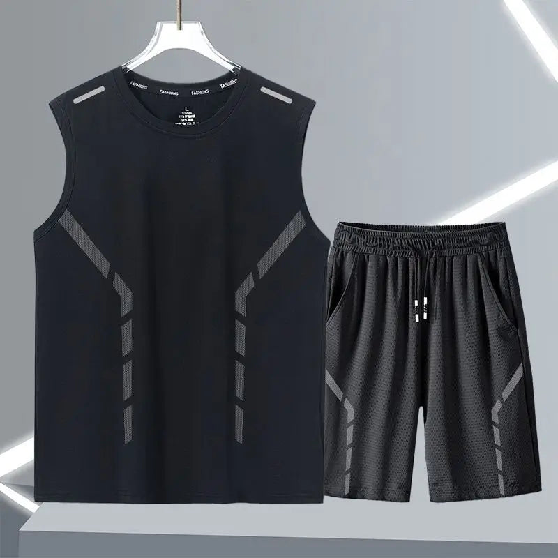 Men's Ice Silk Mesh 2-Piece Sleeveless T-Shirt and Shorts Casual Summer Set