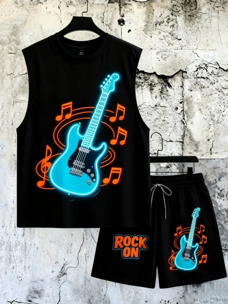 Men's 2-Piece Loose Fit Sleeveless Tank & Shorts, "Rock On" Guitar Music Print Comfort Streetwear Set