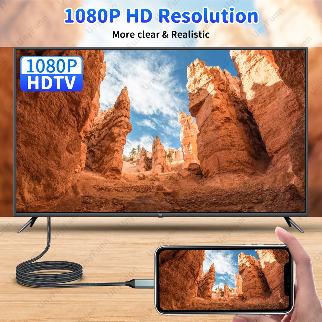 HDTV Cable for iPhone to TV, Lighting to HDTV Adapter Connector for iPhone14, 13, 12, 11 TV Output with 1080P HD Display 6.56FT