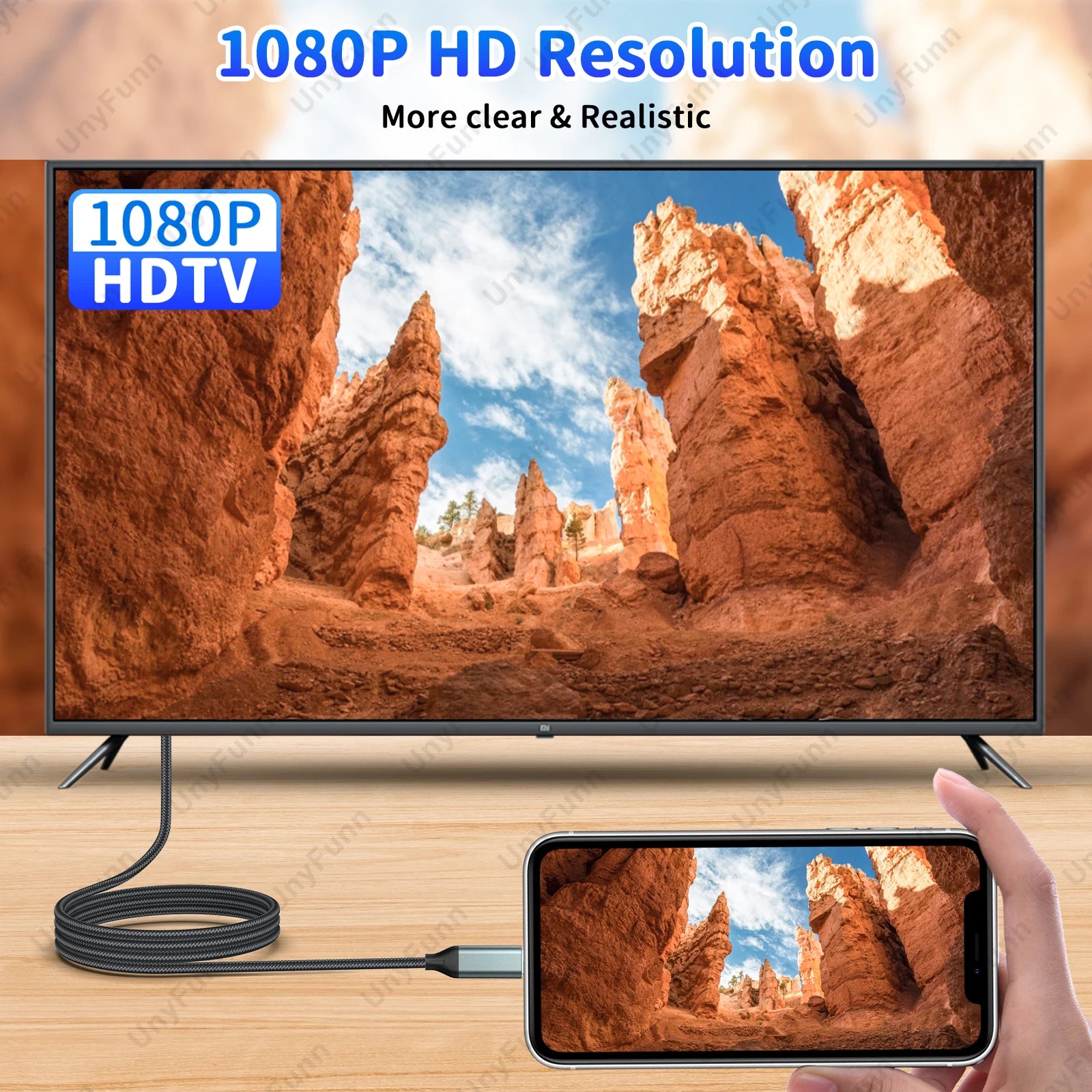 HDTV Cable for iPhone to TV, Lighting to HDTV Adapter Connector for iPhone14, 13, 12, 11 TV Output with 1080P HD Display 6.56FT