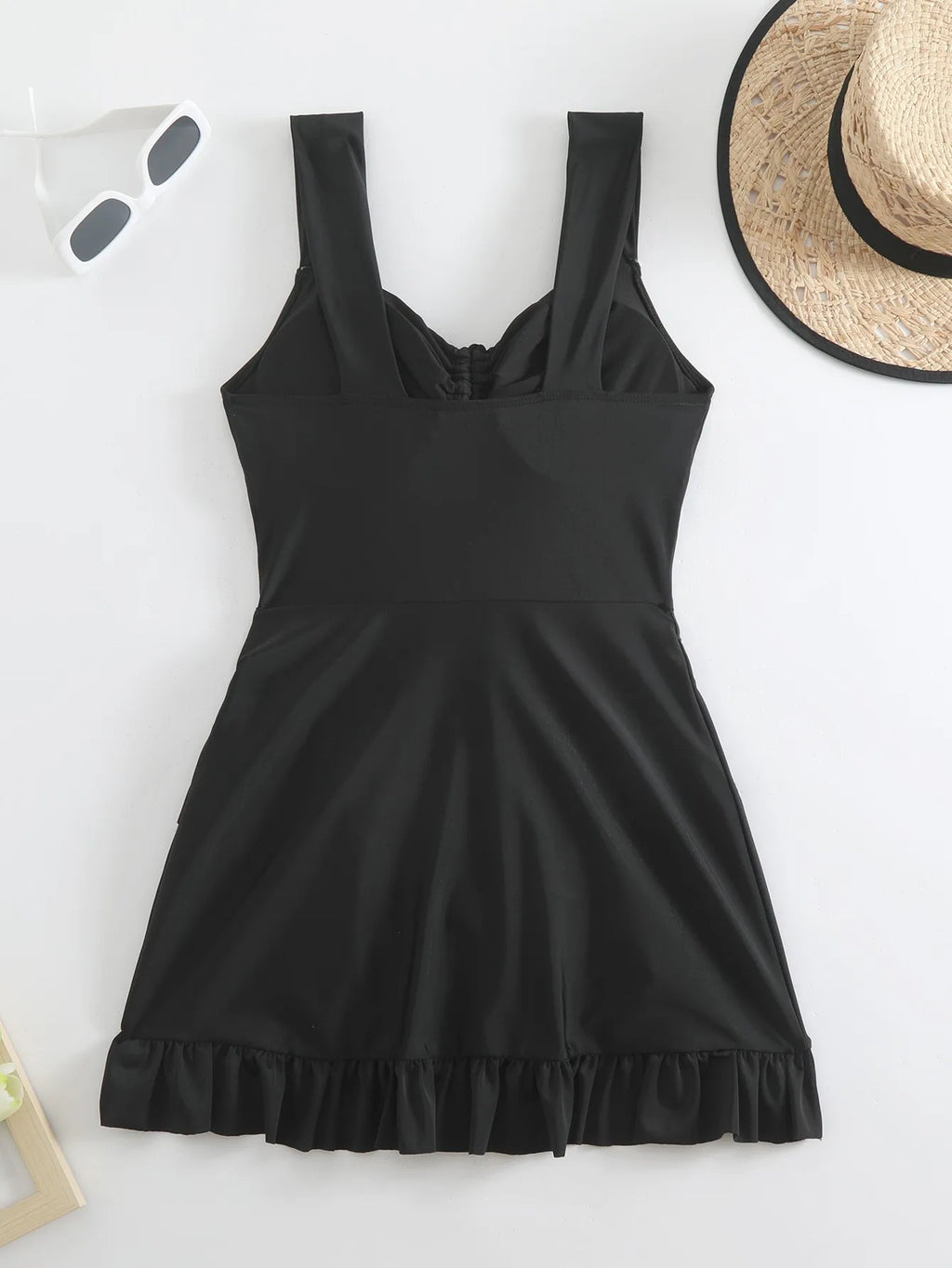Women Swimsuit Tummy Control Modest Swimwear Solid Black High Waist Front Tie Ruffle Trim Bathing Suit with Flared Skirt