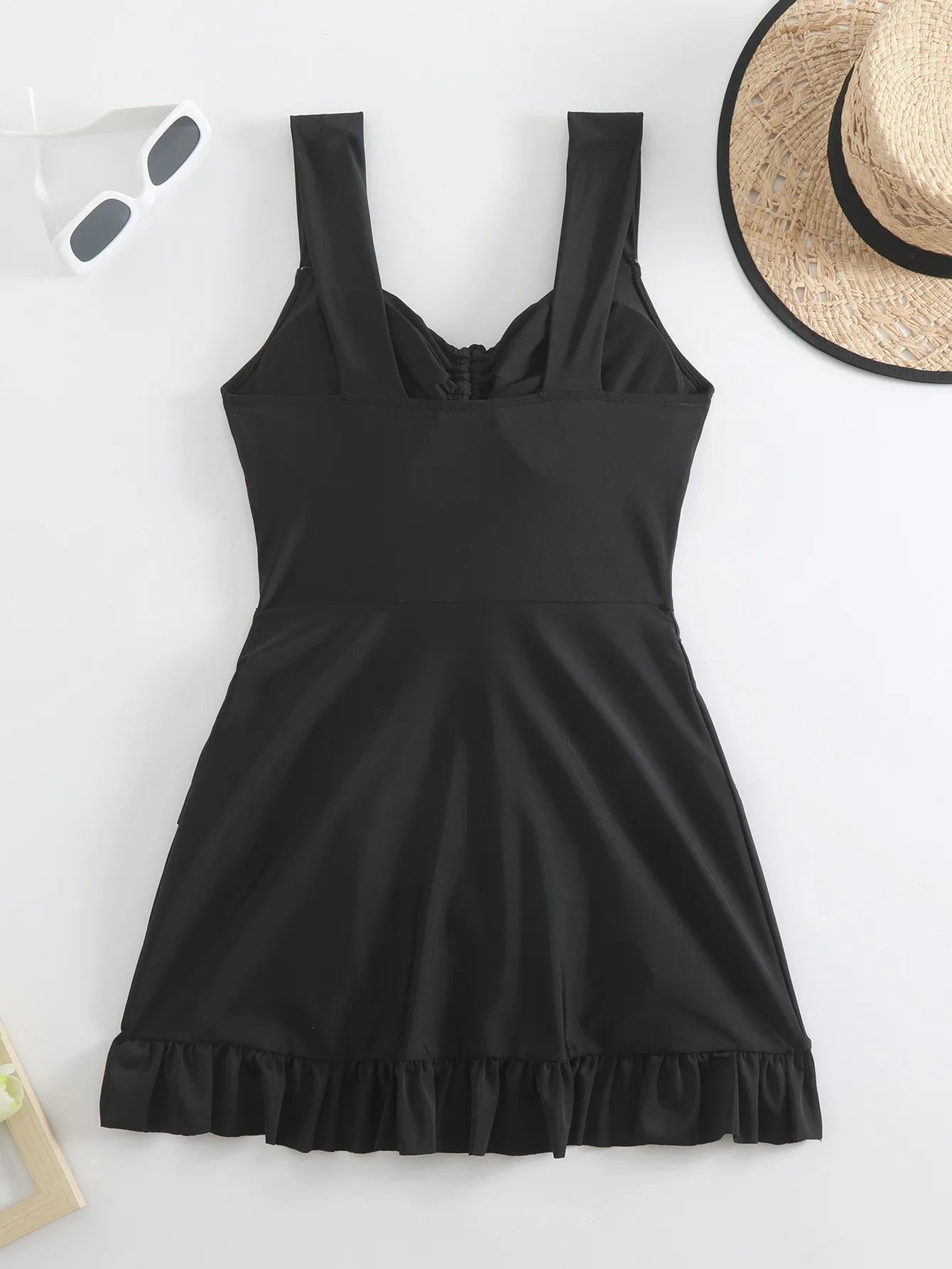 Women Swimsuit Tummy Control Modest Swimwear Solid Black High Waist Front Tie Ruffle Trim Bathing Suit with Flared Skirt