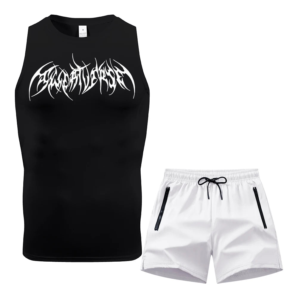 Men Compression Training Set Sleeveless Tank Top Wing Spiky Text Print Double Zipper Pocket Shorts Quick Dry Athletic Gym Suit