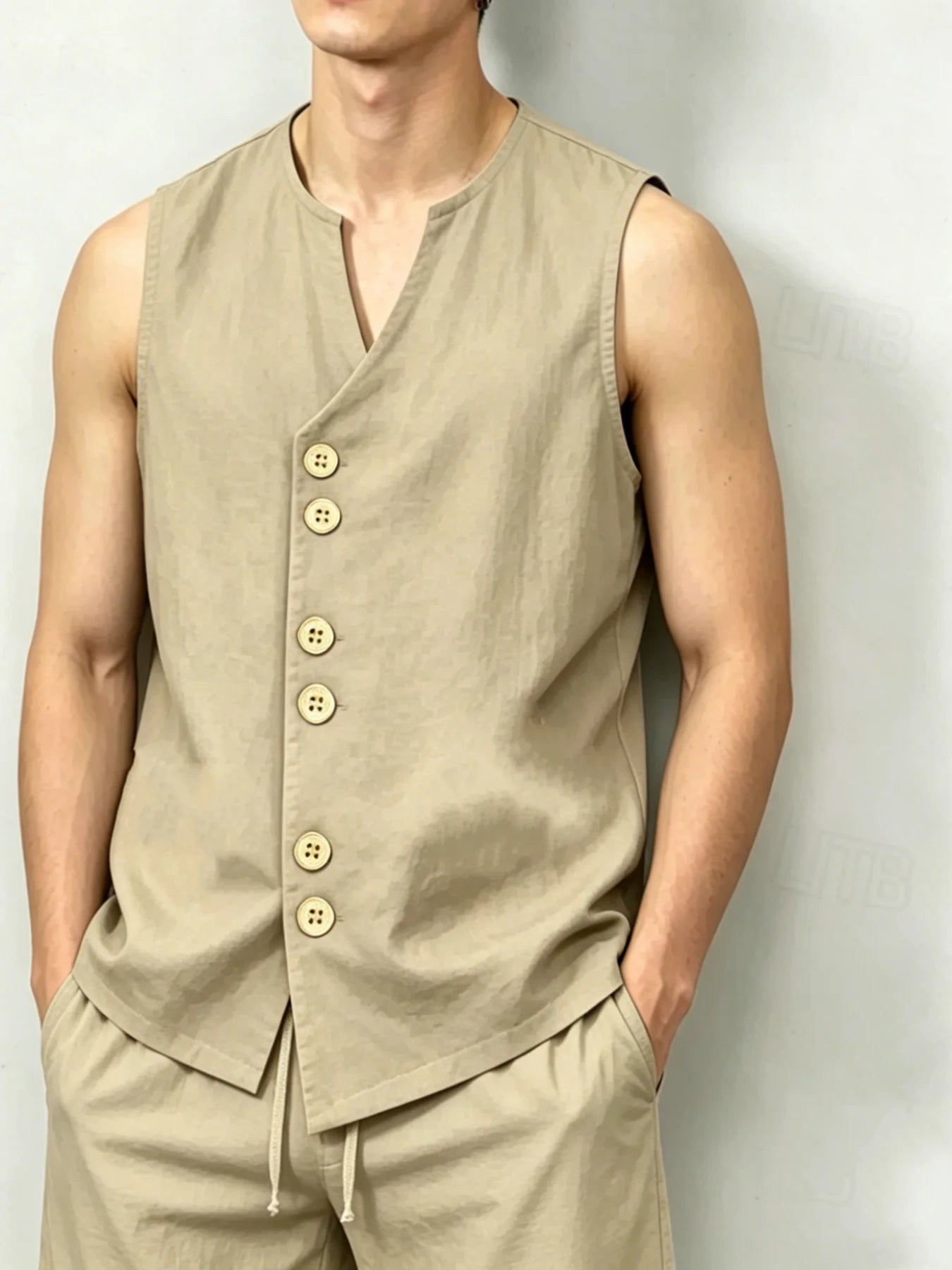 Men's Linen-Look V-Neck Button Sleeveless Top & Drawstring Shorts 2-Piece Set, Breathable Casual Summer Vacation Outfit