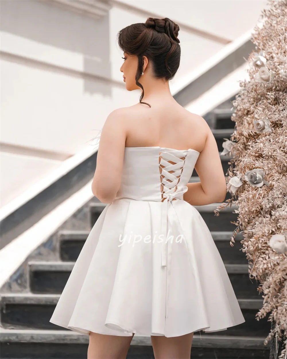 Customized High Quality Classic Handmade Flower Feather A-line Strapless Mini Dresses Bespoke Occasion Dresses Sizes Available