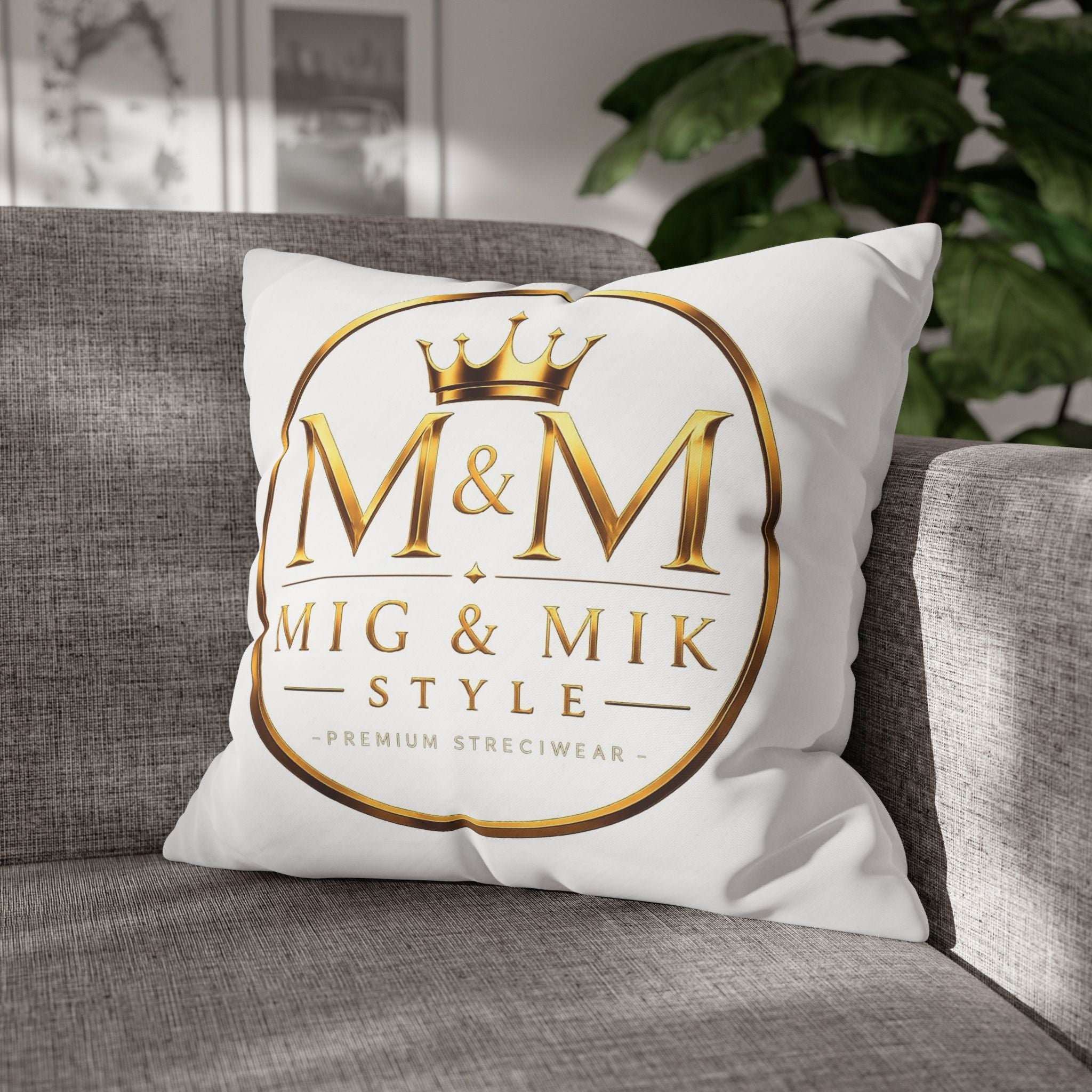 M&M Mig & Mik Gold Crown Decorative Pillowcase — Square Poly Canvas Throw Pillow Cover