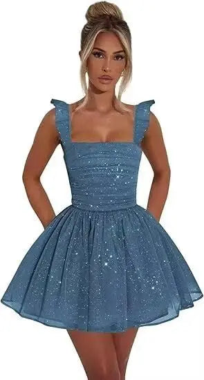 Sexy Tulle Homecoming Dress 2026 with Flutter Straps Square Neck A-Line Short Prom Dress Sparkly for Teens Graduation Mini Dress