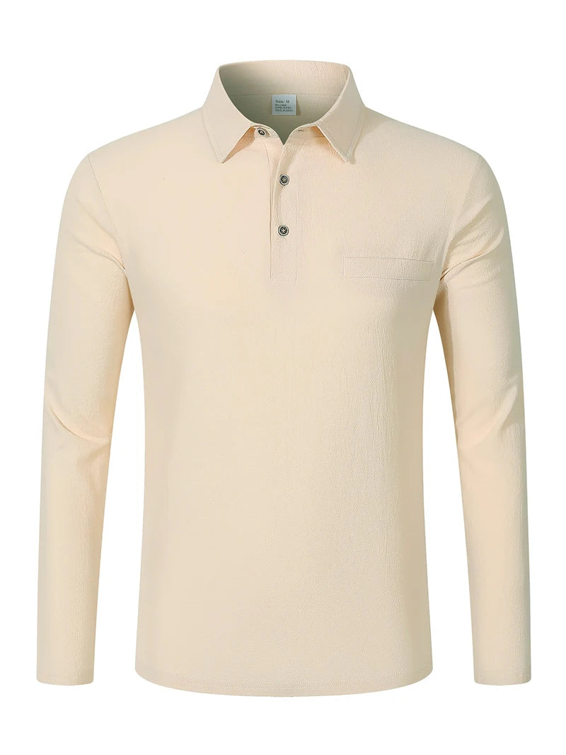 Men's Linen Blend Long Sleeve Polo Shirt with Chest Patch Breathable Lapel Collar Button Placket Casual Tops for Spring Fall