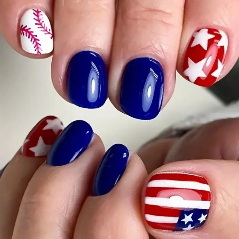 Independence Day Nail Art 24 Pieces Short Square False Nail Y2K Red Blue White Star Wear Armor Removable 66
