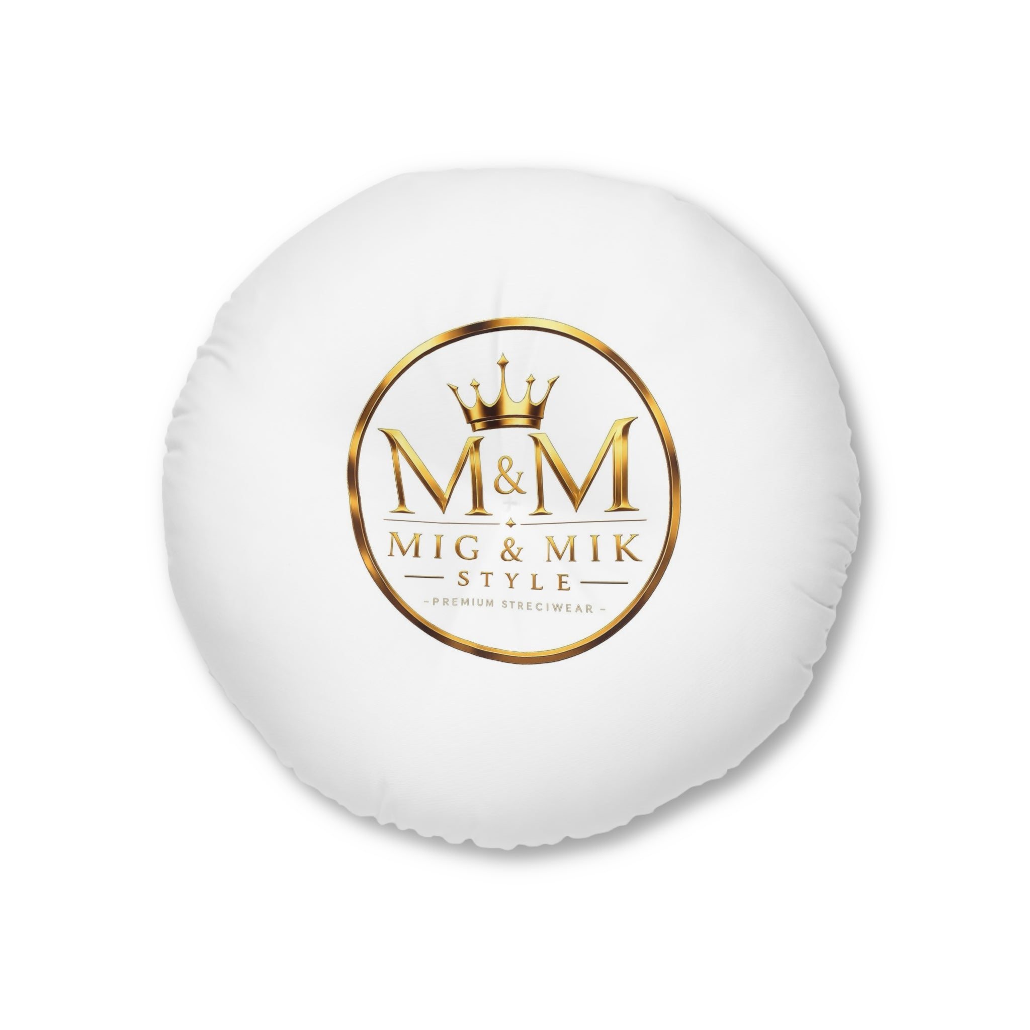 Round Tufted Floor Pillow — Gold "M & M Mig & Mik Style" Logo Cushion