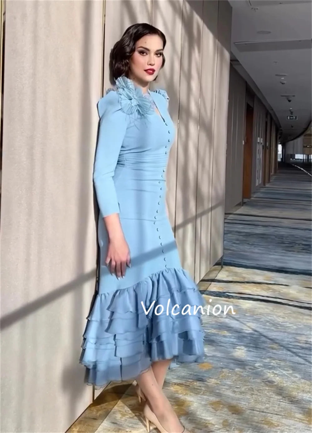 Customized Jersey Button Applique Mermaid V-neck Midi Dresses Bespoke Occasion Evening Fashion Elegant Formal