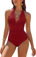 Women Swimwear Sleeveless Deep V Neck Halter Bikini Ruched Waist Back Tie High Cut Legs Tummy Control Solid Color Monokini Pink