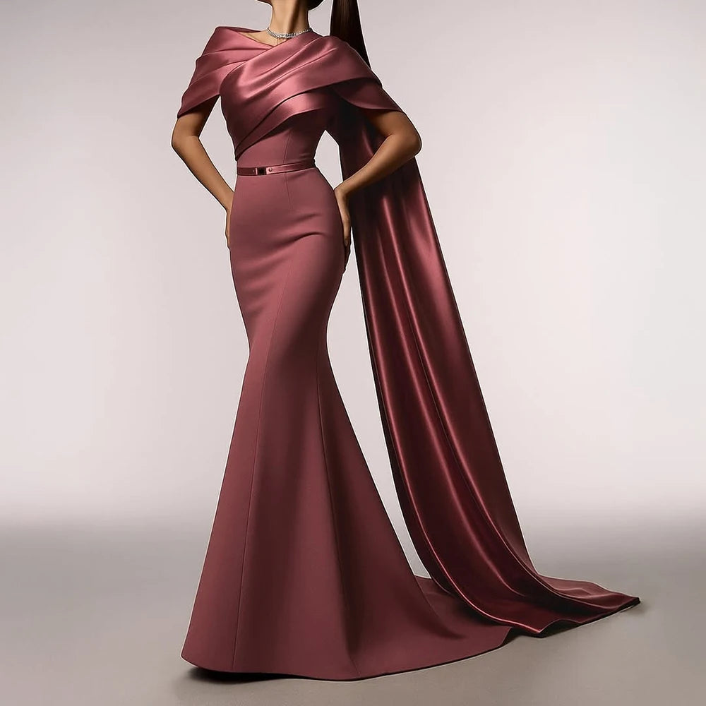Customized Mermaid Evening Dresses Floor-length Off The Shoulder Sleeveless Prom Gown Simple Fashion Stole Draped Party Gown