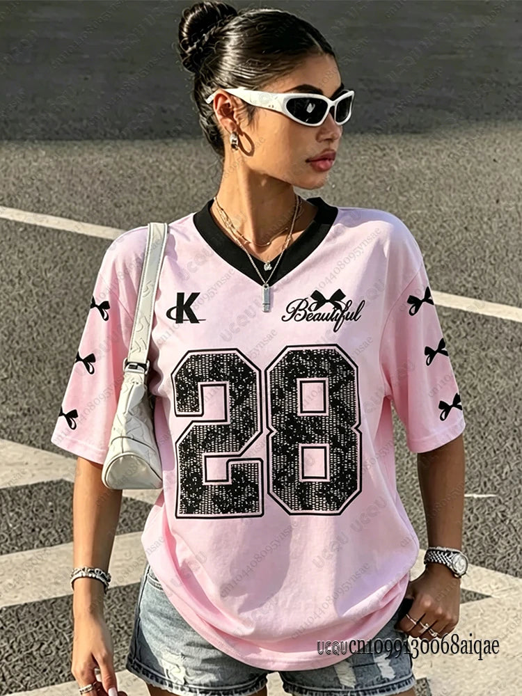 2026 Summer Black Speed 23 Printed T-Shirt For Women V-Neck Short Sleeve Sports Football Jersey Y2K Loose Oversized Tops