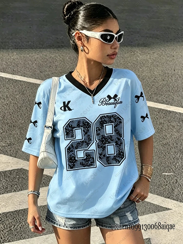 2026 Summer Black Speed 23 Printed T-Shirt For Women V-Neck Short Sleeve Sports Football Jersey Y2K Loose Oversized Tops