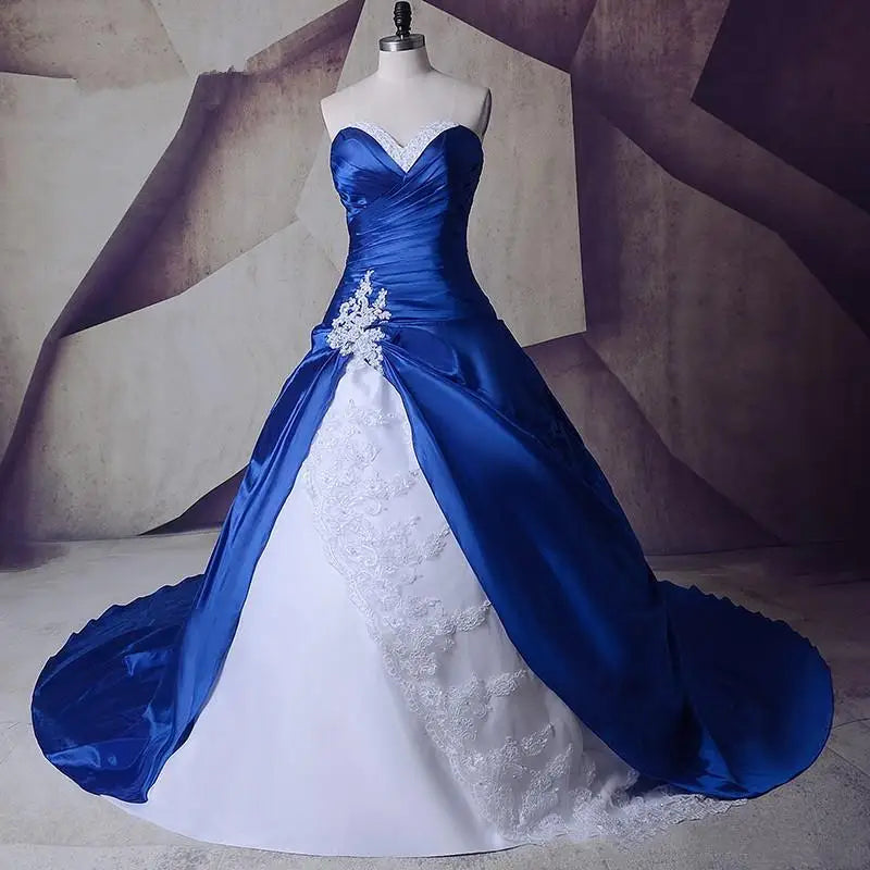 MIG & MIK STYLE™ Royal Blue & White Satin Sweetheart Wedding Gown