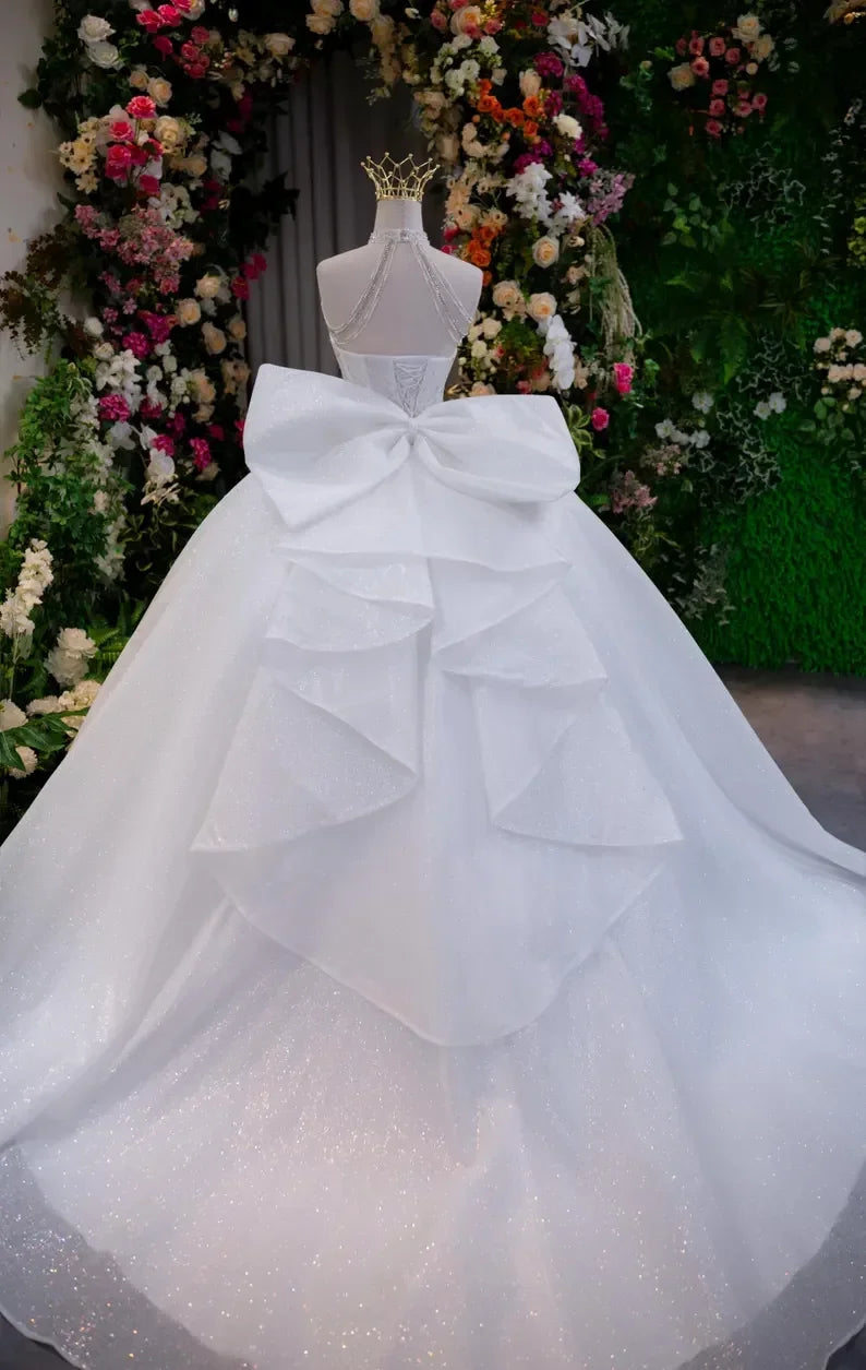 Luxurious A-Line Rhinestone Princess Wedding Dress Sexy Sleeveless Off Shoulder Waist Cinched Church Bridal Gown Customized