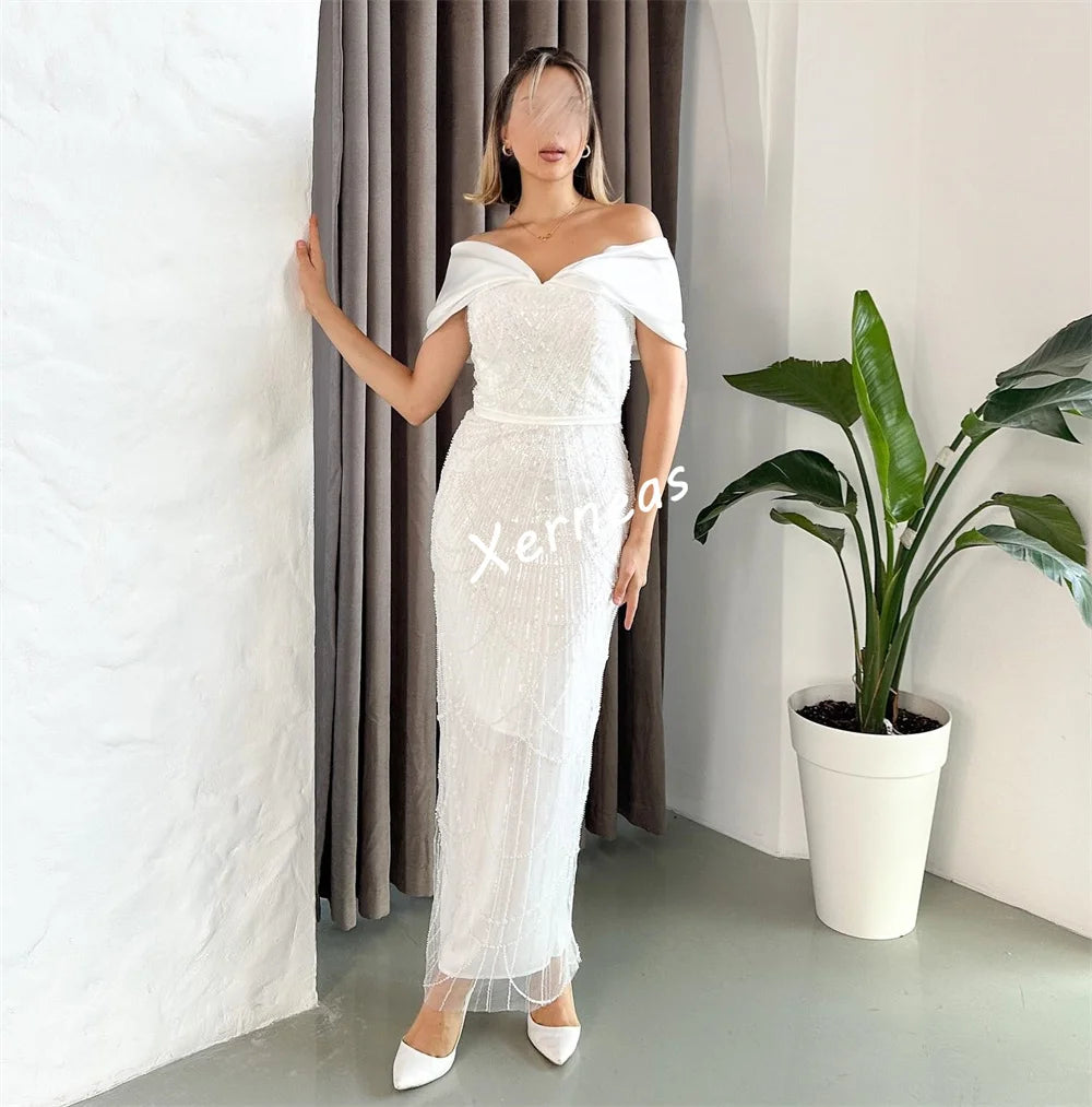 Customized Chiffon Sequined Beading Off-the-shoulder Straight Midi Dress Bespoke Occasion Engagement Woman Elegant Party Glitter