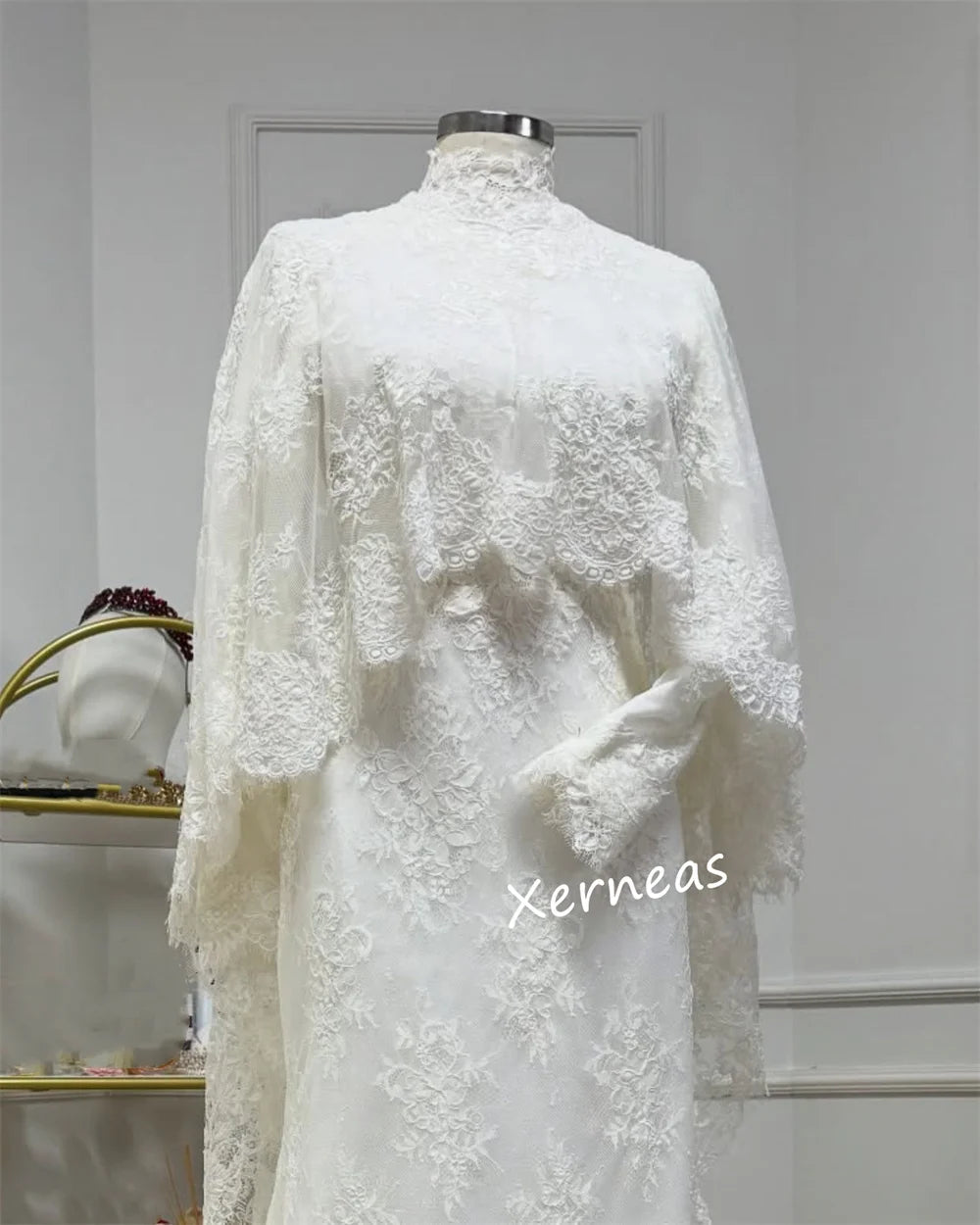 Customized Lace High Collar Trumpet Floor-length Bespoke Occasion Woman Elegant Shawl Wedding Prom Dresses  High Quality