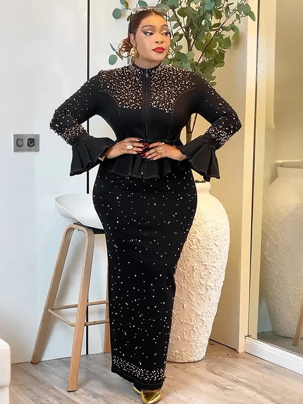 Luxury Crystal 2-Piece Set – Denim Peplum Top & Bodycon Maxi Skirt Elegant Dress Suit