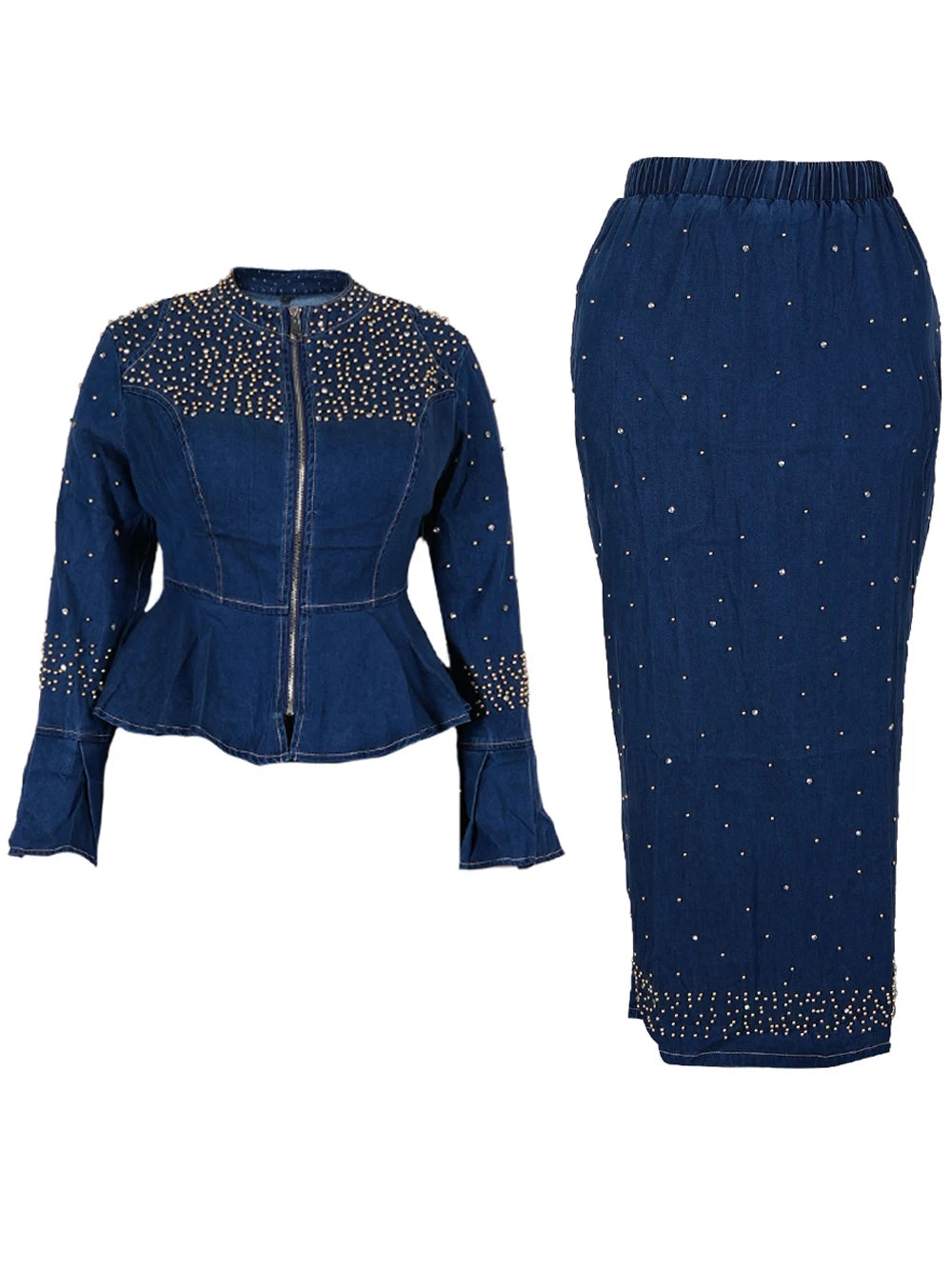 Luxury Crystal 2-Piece Set – Denim Peplum Top & Bodycon Maxi Skirt Elegant Dress Suit