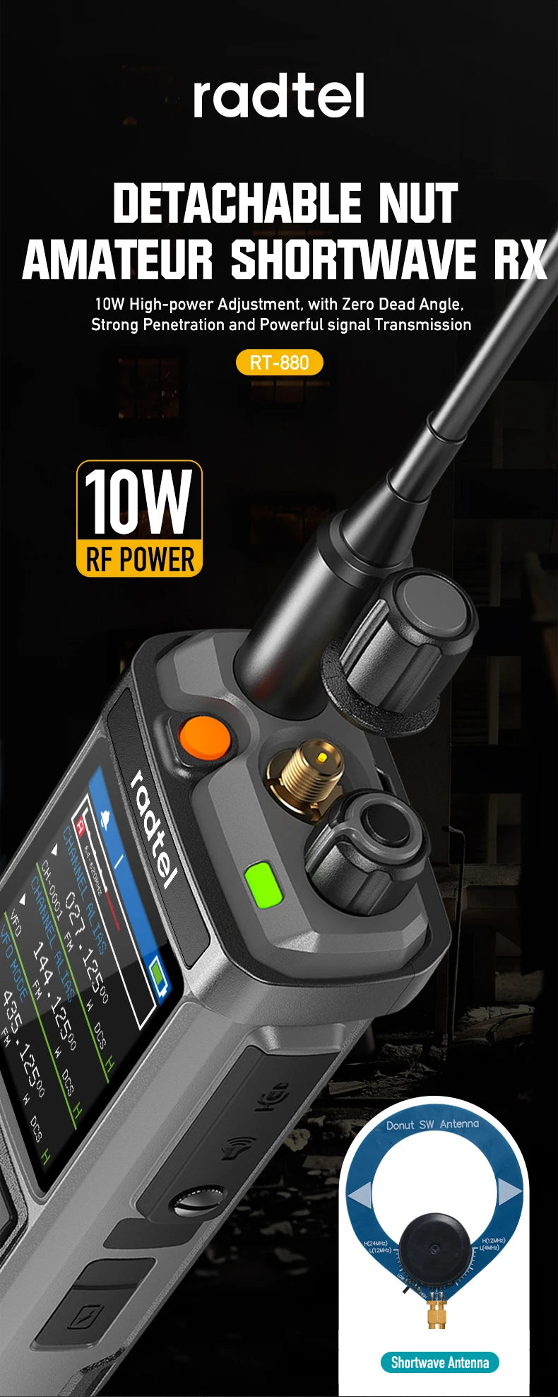 Radtel RT-880 All Band Ham Radio 10w 1024 CH with AM  SSB CB Receive, USB LSB CW CB LW MW SW 2000mAh 1024 Channels  Type C