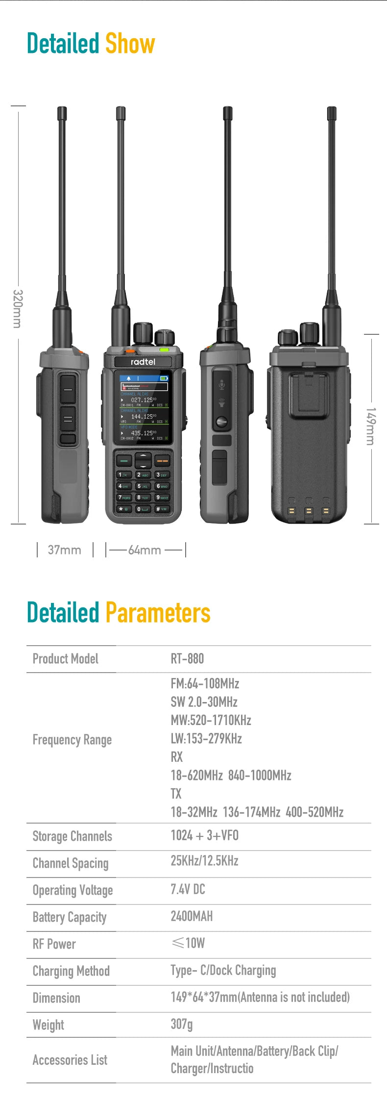 Radtel RT-880 All Band Ham Radio 10w 1024 CH with AM  SSB CB Receive, USB LSB CW CB LW MW SW 2000mAh 1024 Channels  Type C