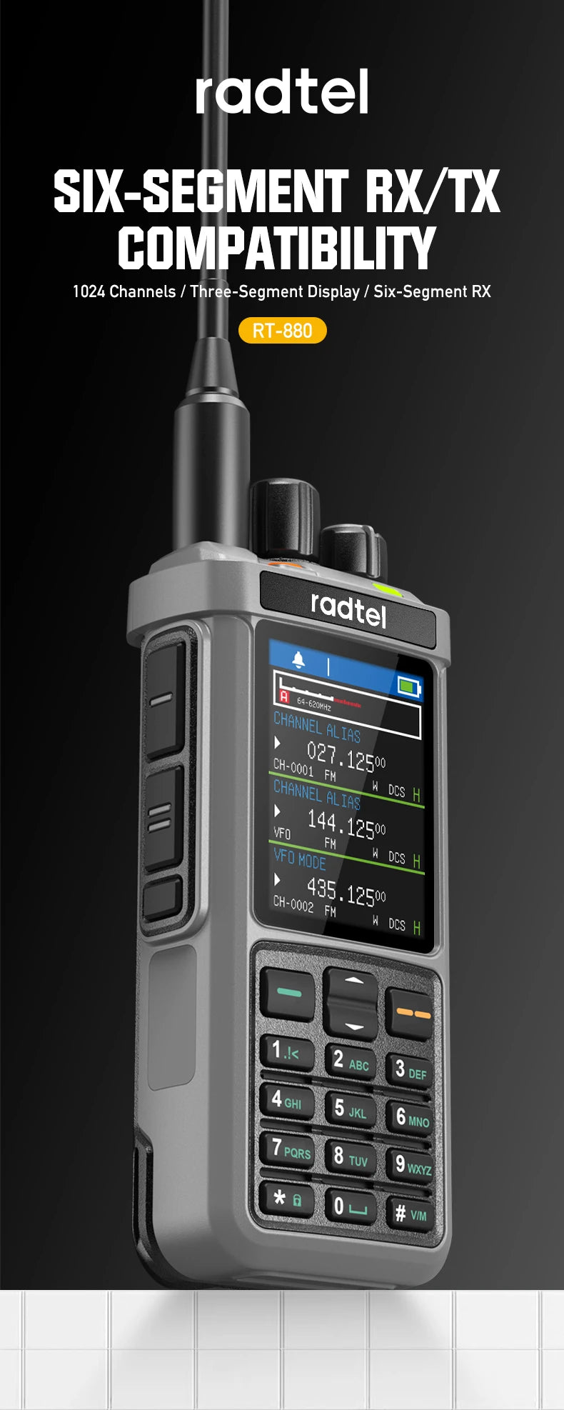 Radtel RT-880 All Band Ham Radio 10w 1024 CH with AM  SSB CB Receive, USB LSB CW CB LW MW SW 2000mAh 1024 Channels  Type C
