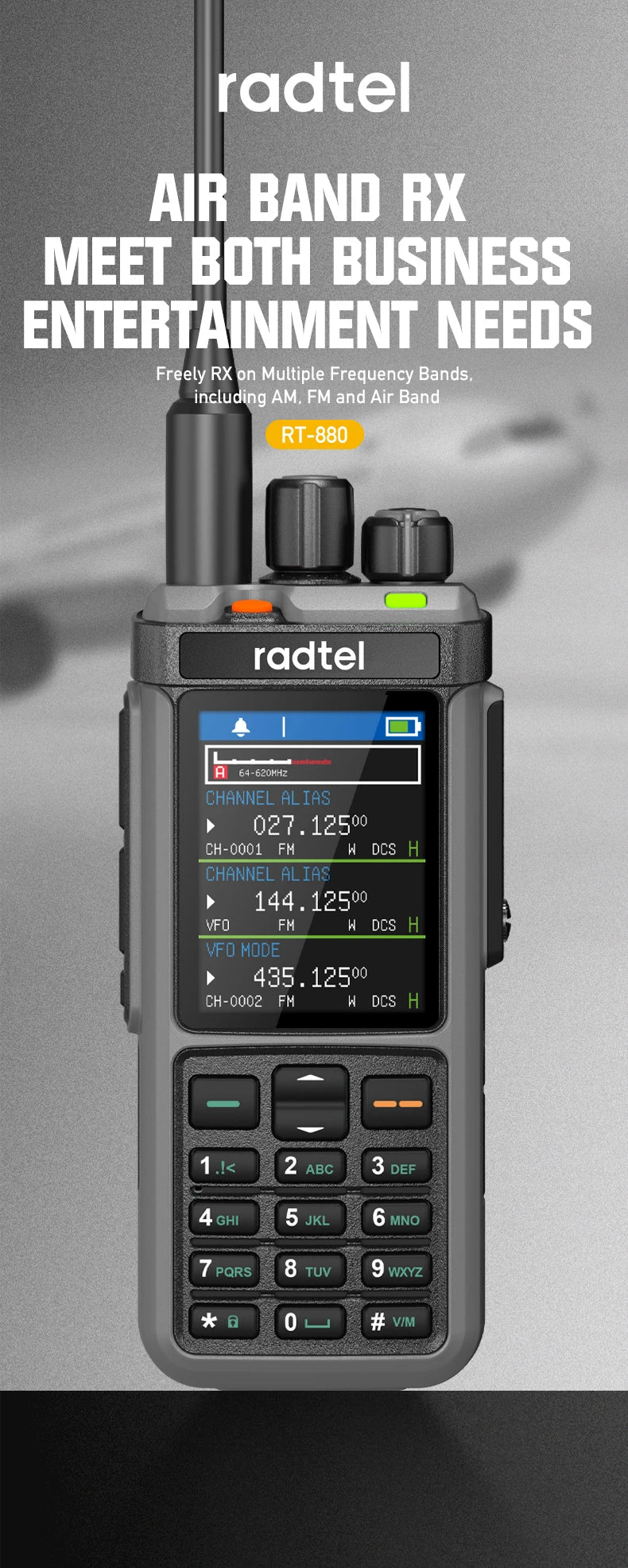 Radtel RT-880 All Band Ham Radio 10w 1024 CH with AM  SSB CB Receive, USB LSB CW CB LW MW SW 2000mAh 1024 Channels  Type C