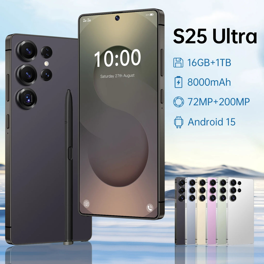 5G Smartphone S25 16GB+1TB 7.3 Inch HD Android14 Face ID Deca Core CPU Unlocked Gaming Cell Phone