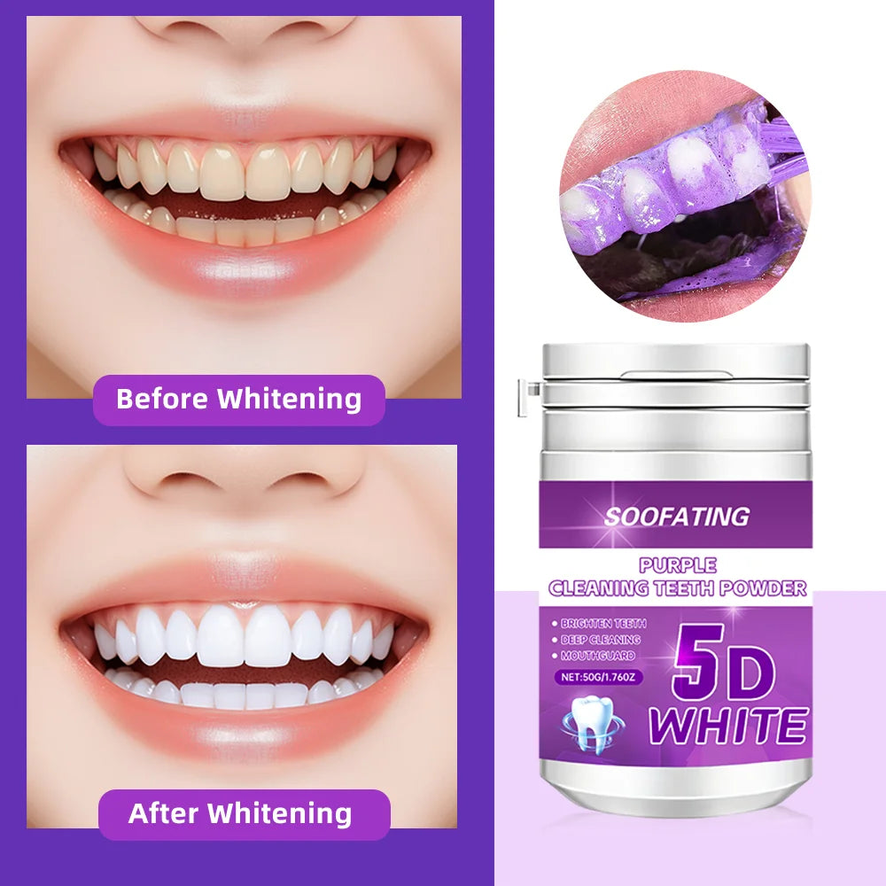 Soofating Factory Direct Stock 5D Whitening Tooth Powder Whitens Teeth Removes Yellowing Purple Travel-Size Deep Cleaning