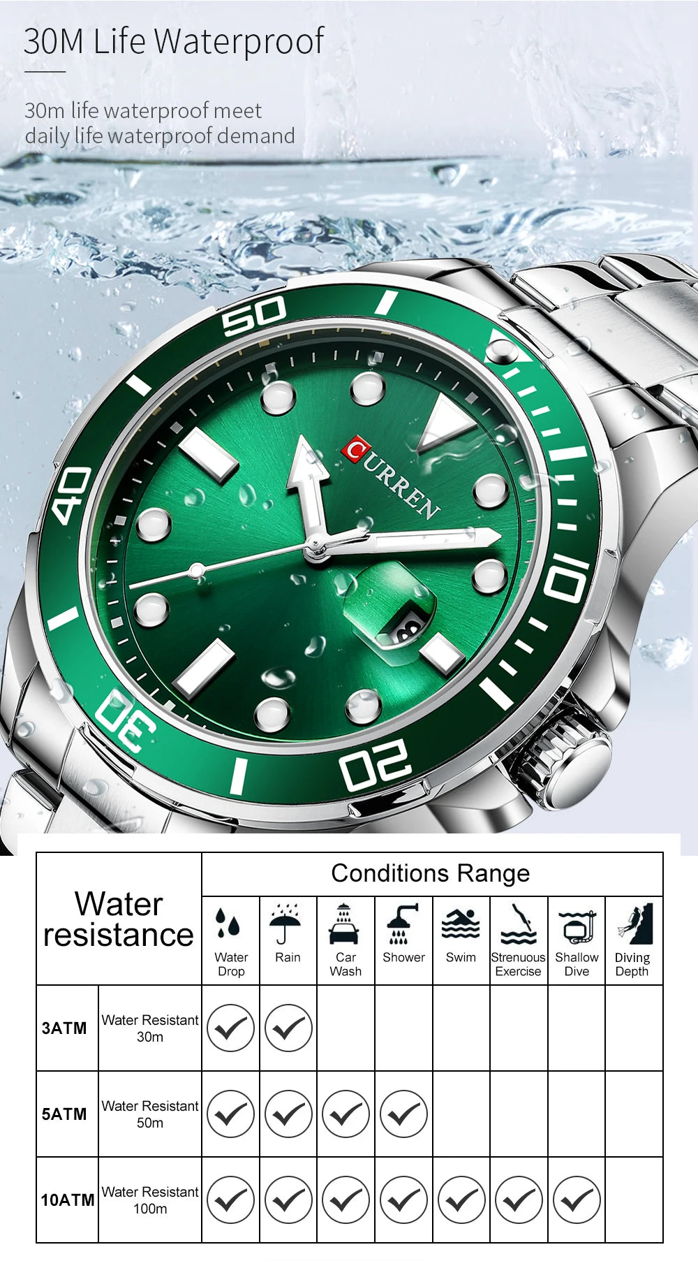 CURREN Fashion Business Mens Wristwatches Green Clock Male Quartz Stainless Steel Watches Reloj Hombre