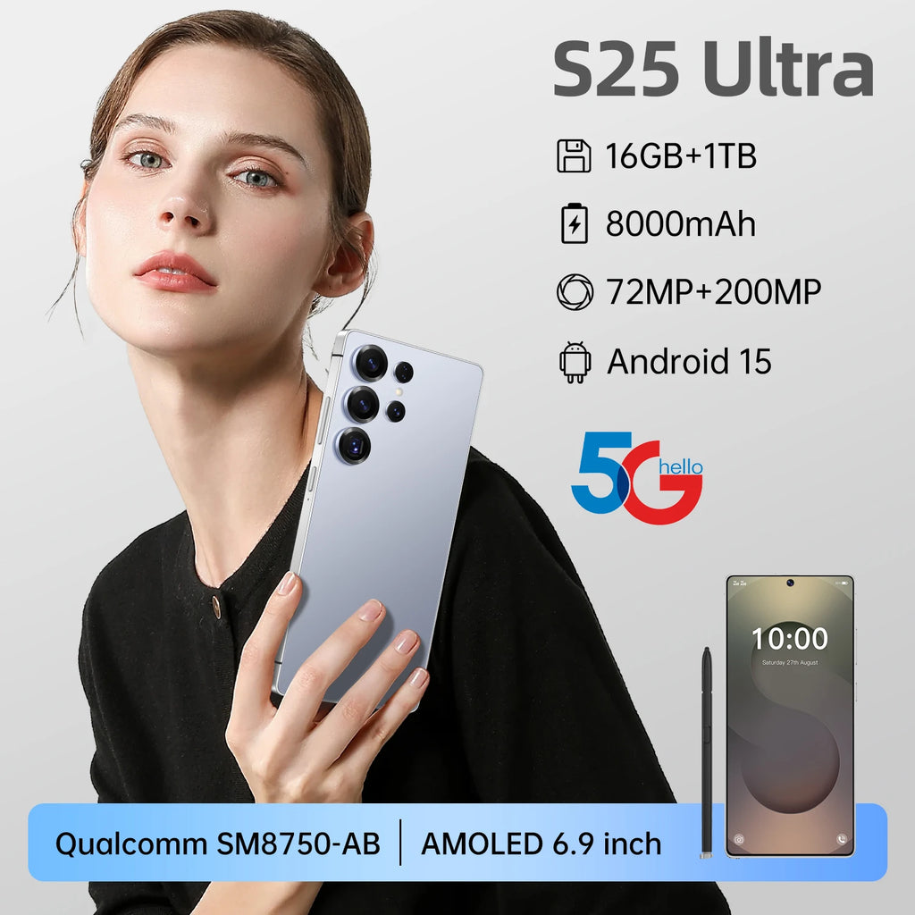 5G Smartphone S25 16GB+1TB 7.3 Inch HD Android14 Face ID Deca Core CPU Unlocked Gaming Cell Phone