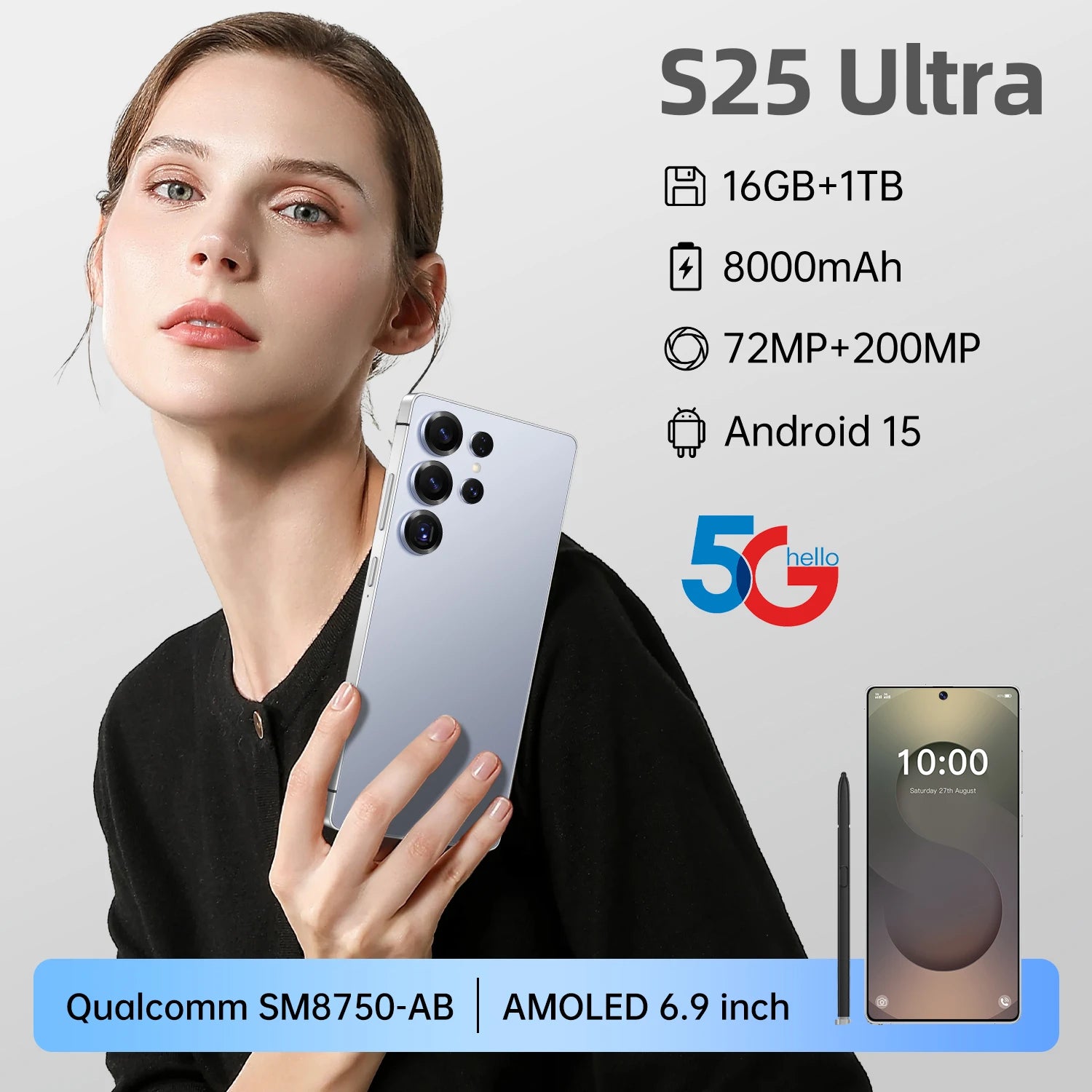 5G Smartphone S25 16GB+1TB 7.3 Inch HD Android14 Face ID Deca Core CPU Unlocked Gaming Cell Phone