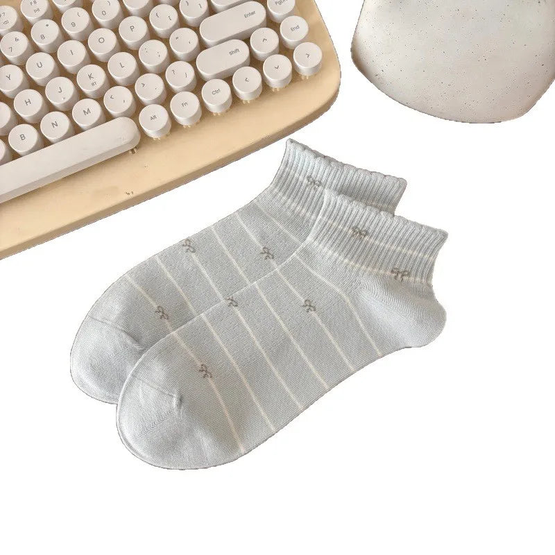 WJN High Quality Japanese-style Women's Thin Bows Ankle Cotton Ruffles Knitted Breathable Spring Socks-Daily Casual Comfort Boat