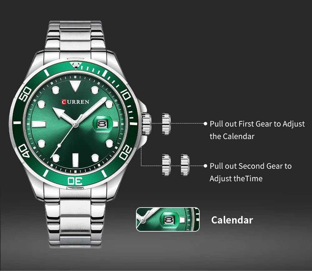 CURREN Fashion Business Mens Wristwatches Green Clock Male Quartz Stainless Steel Watches Reloj Hombre